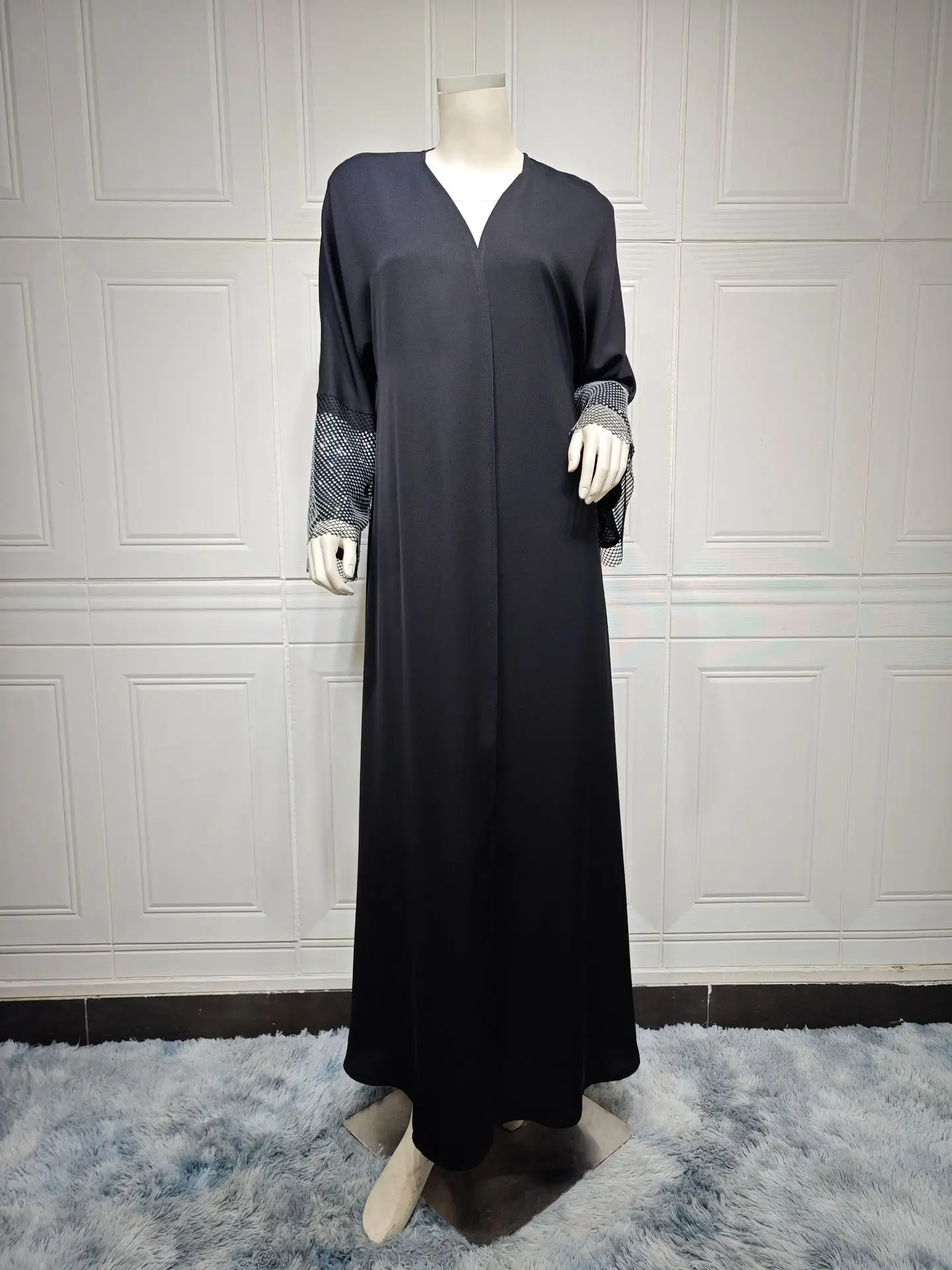 2024 New Muslim Ramadan Eid Black Open Kimono Abaya Elastic Drilling Net Shalwar Kameez Casual Loose Moroccan Gulf Women Robe