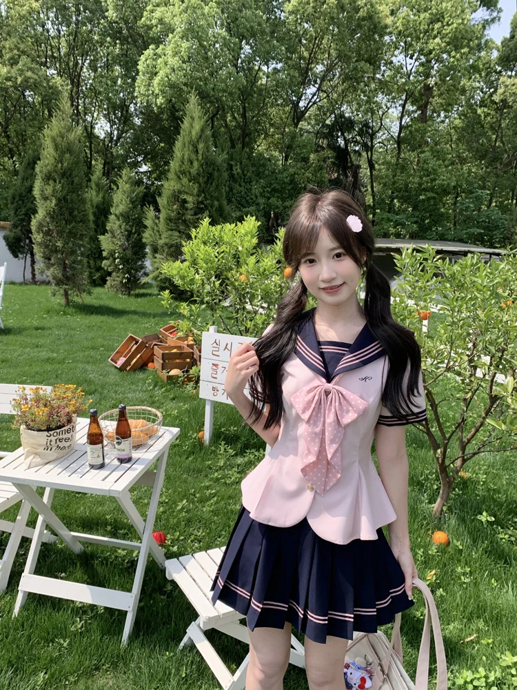 JK Uniform Set Women Sweet Pink Cyanotic Sailor Suit Japanese School Uniform Sailor Skirt Set Bow Neck Short Sleeve Shirt