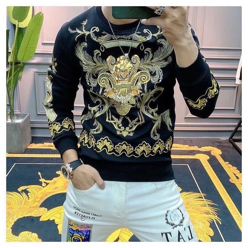 2021 autumn new velvet heavy industry embroidered hooded sweater men\'s fashion men\'s long-sleeved top tide brand