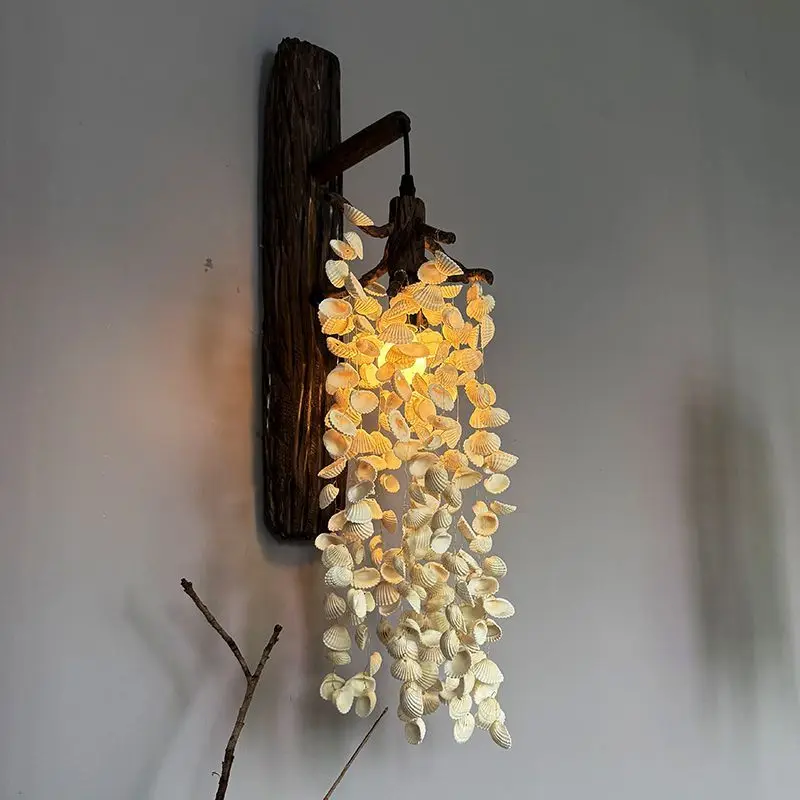 wabi silent wind solid wood wall lamp dead wood, branches shell wall lamp model room homestay designer bedroom bedside lamp