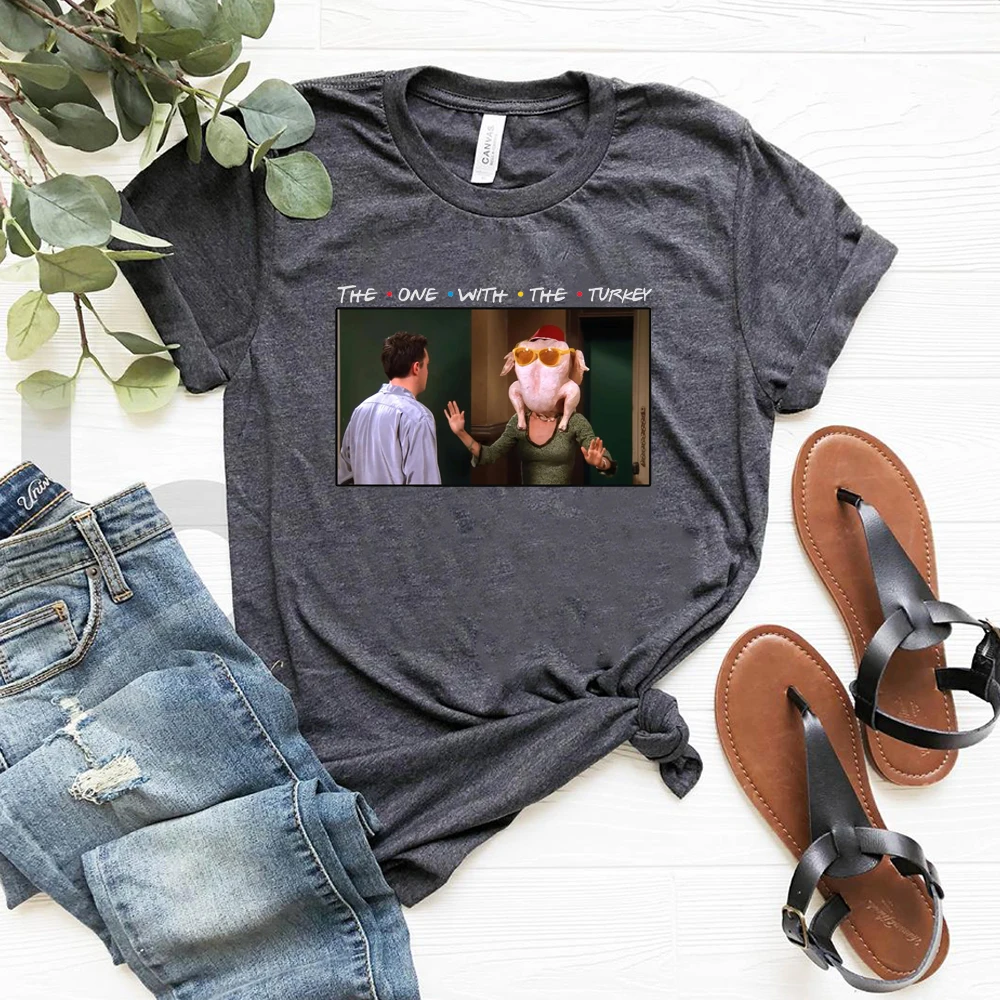 The One with The Turkey Friends TV Show Shirt Funny Friends Thanksgiving T-shirt Vintage Graphic Tee Unisex Short Sleeve Tops