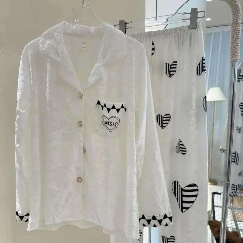 

Теплый велюровый пижамный костюм, черный теплый пижамный костюм с принтом «Любовь», женский наряд, пижамы De Mujer, одежда для сна с длинными рукавами, ночное белье