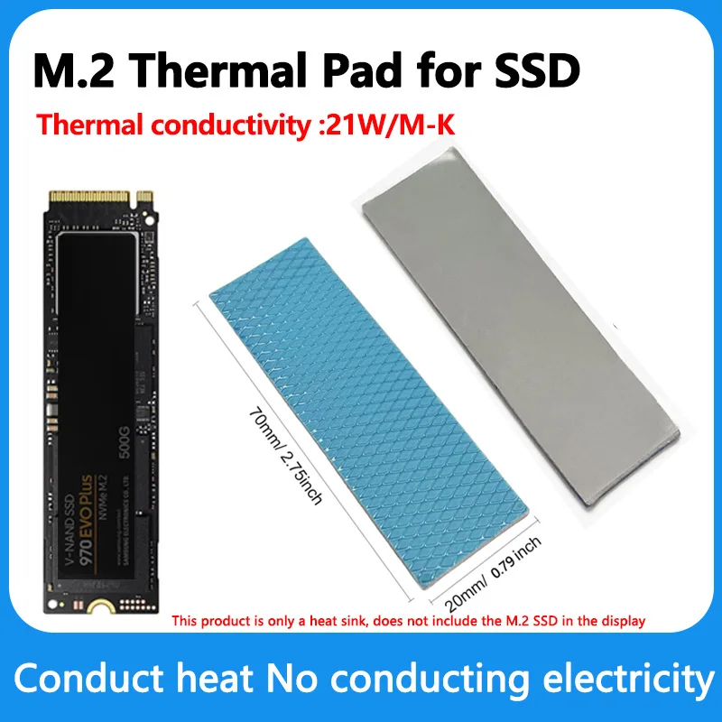 

M.2 Thermal Pad 21W/mk 70x20mm Silicone Thermal Pads Non Conductive Heatsink Cooling Pad for Laptop Heatsink/SSD/CPU/LED Cooler