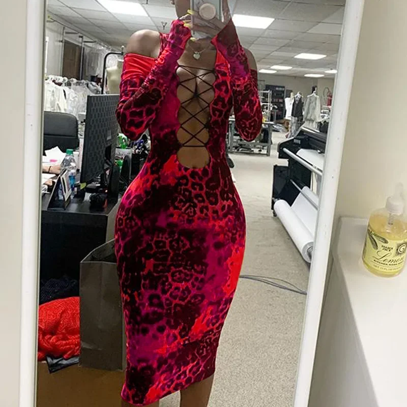 

Sexy Long Sleeve Dress Women Hollow Out Bodycon Bandage Leopard Print Dresses 2021 New Multicolor Night Party Club Evening Wear