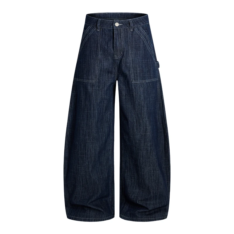 American Style Blue Bamboo Patterned Men's Cargo Jeans Loose Fit Wide Leg Washed Floor Length Curved Pocket Pants