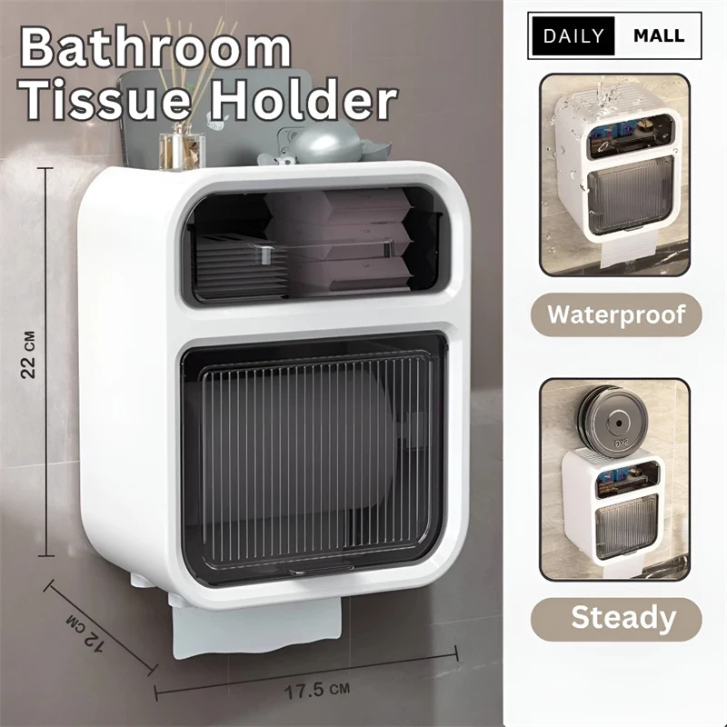 Multifunctional Double Layer Toilet Paper Storage Box Wall Mounted Punch-Free Waterproof Bathroom Tissue Holder With Drawer
