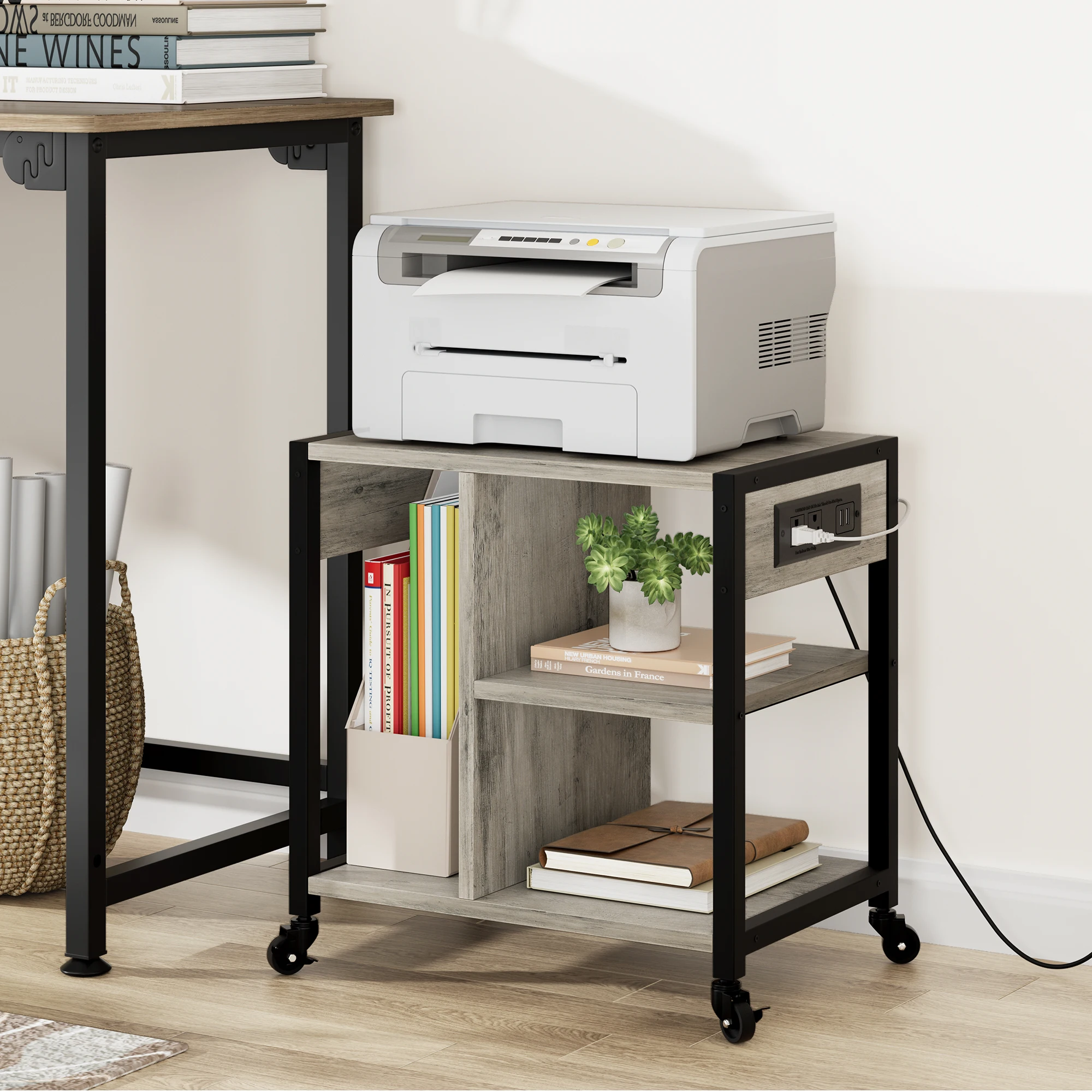 Compact 3-Tier Mobile Printer Stand with Storage Shelf – Power Outlets & USB Charging Ports – Rolling Cart with Lockable Wheels – Under Desk or Desktop Printer Table for Home Office, Small Spaces