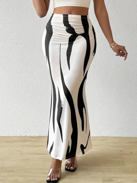 Długie spódnice dla kobiet Eleganckie, codzienne graficzne nadruki zebry Plisowane spódnice Wiosna Nowa moda Elastyczna wysoka talia Geometria Streetwear