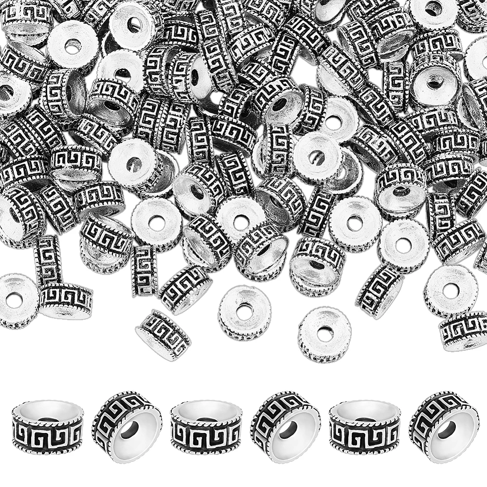 150 Pcs Spacer Beads 8mm Flat Round Large Hole 2.5mm Alloy Silver Greek Key Pattern for DIY Bracelet Necklace Jewelry Making