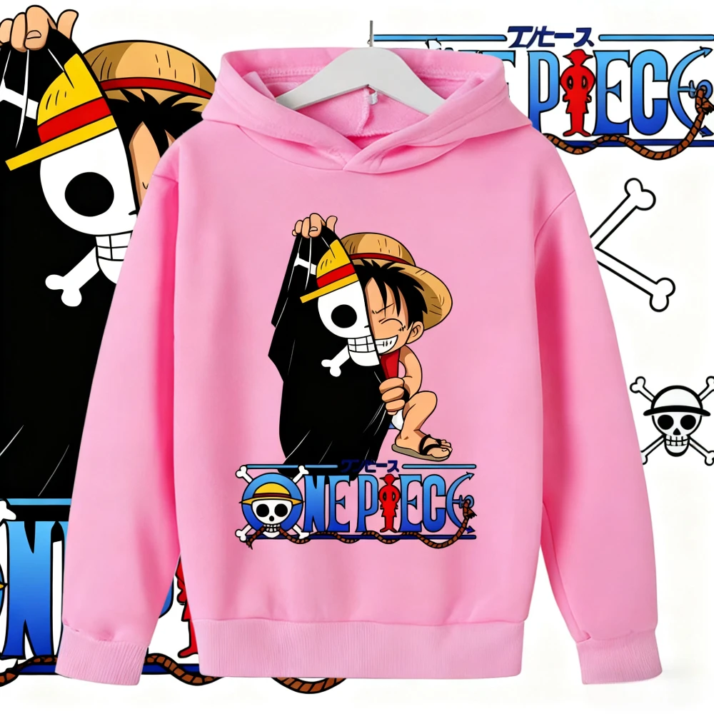 Anime One Piece, süßer Luffy-Schädel-Print, Kapuzenpullover für Kinder, Herbst-Streetwear, Kinderoberteile.