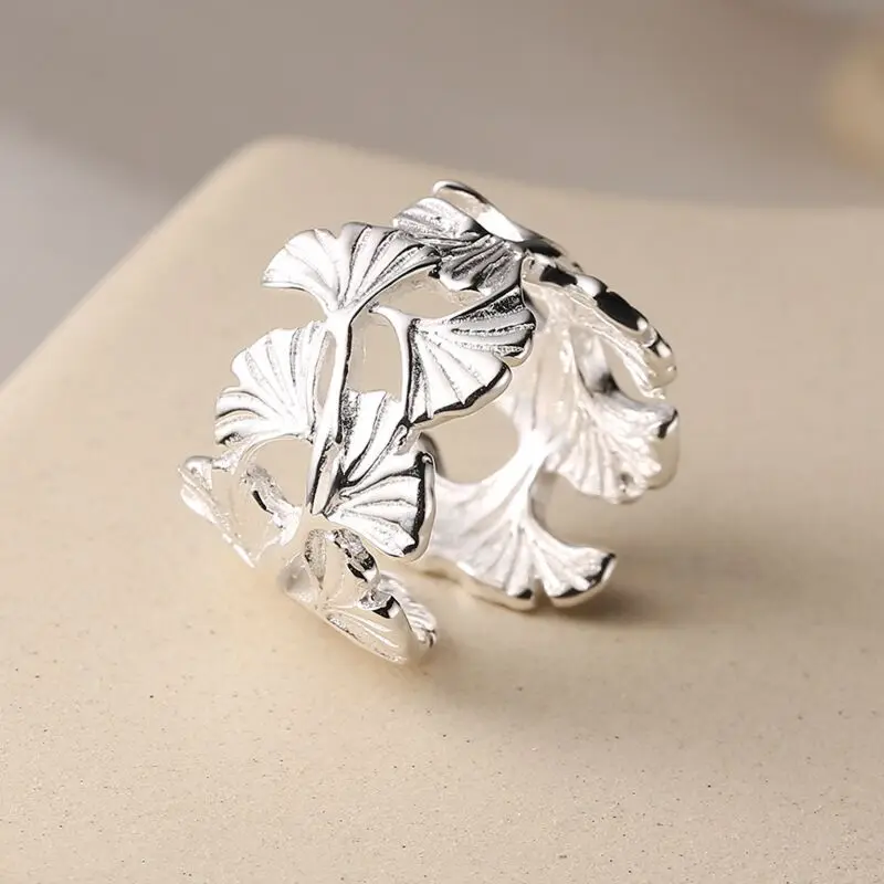 BF CLUB  Silver Color Ginkgo biloba Rings For Women Counple Wedding Engagement Silver Women\'s Vintage Ring Fine Jewelry