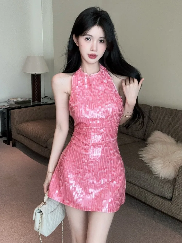 

Elegant Backless Beaded Sleeveless Dress Sweet Spicy High Waist Slimming Short A-Line Skirt Casual Princess Style Party Wear