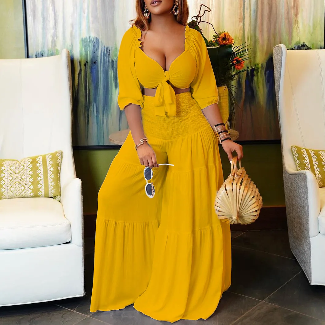 

Customized Off Shoulder Slash Ruffle Crop Top Wide Leg Pants Set Elegant Beach Matching Set Two Piece Set Sexy Outfits Summer