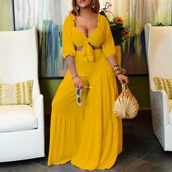 Customized Off Shoulder Slash Ruffle Crop Top Wide Leg Pants Set Elegant Beach Matching Set Two Piece Set Sexy Outfits Summer