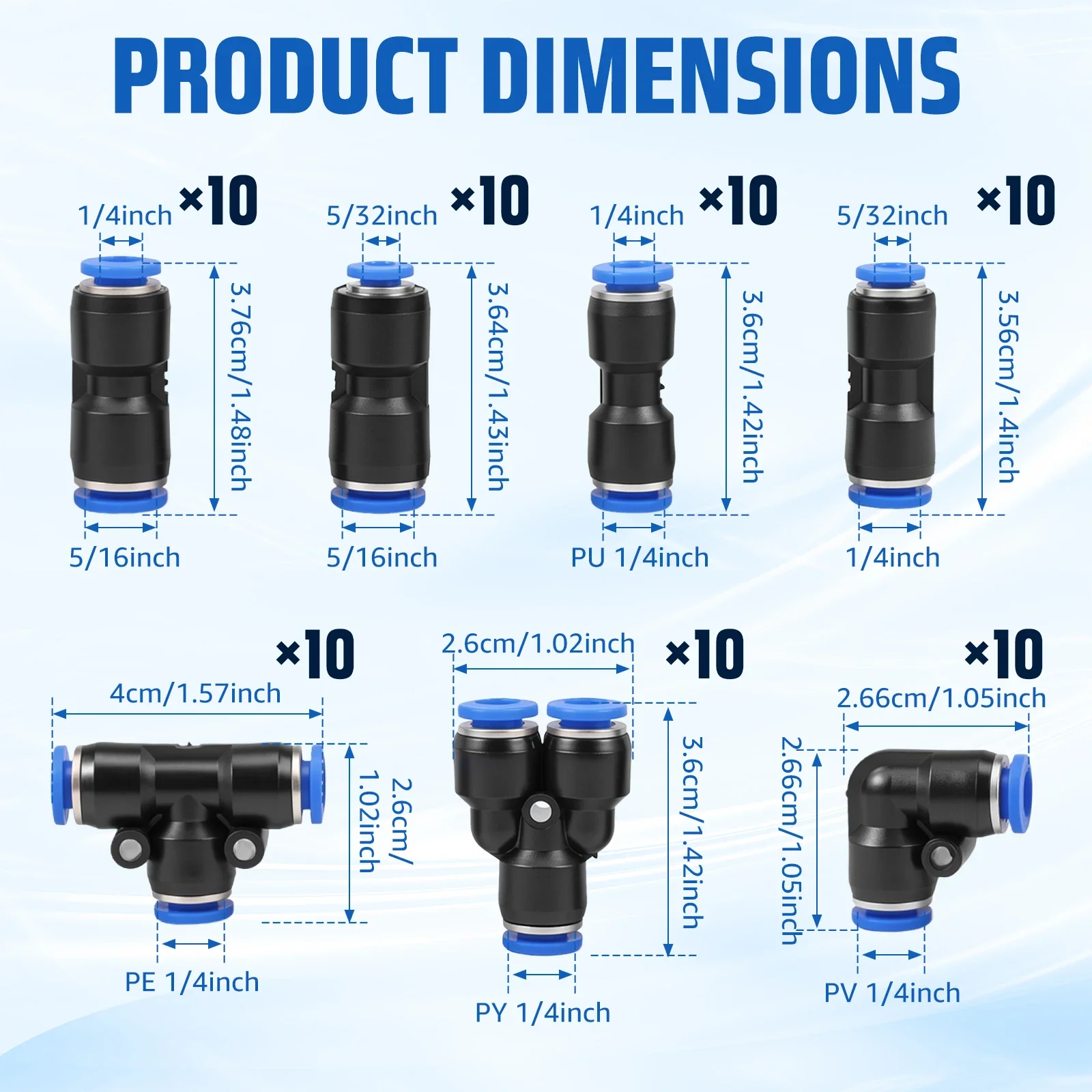70pcs Pneumatic Air Hose Fittings Kit Push to Connect Quick Release Connectors 1/4 5/16 5/32 Inch Straight Elbow Tee Splitter