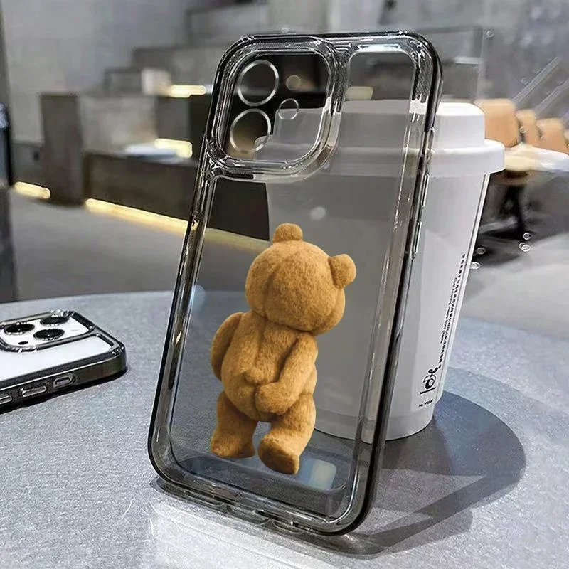 Funny Cartoon Bear Phone Case for iPhone 16 15 14 13 12 11 Pro Max Mini XS SE 7 8 Plus Luxury Shockproof Transparent Soft Cover