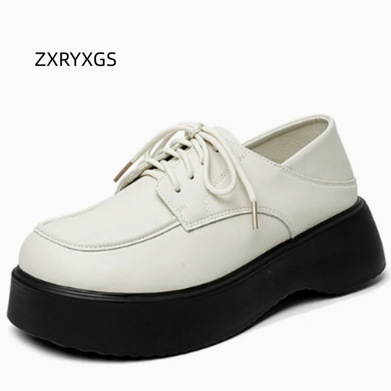 ZXRYXG 2026 New Round Toe Comfortable Women Real Leather Shoes Thick Sole Mid Heel Elevator Shoes Fashion Elegant Trendy Shoes