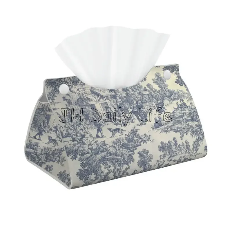 Custom Toile De Jouy Tissue Box Cover Rectangular PU Leather French Countryside Floral Facial Tissues Holder for Car Home Office