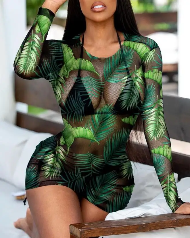 

Women's Dress 2024 Summer Beach Vacation Sexy Tropical Print Round Neck Long Sleeve Sheer Mesh Skinny Cover Up Mini Dress