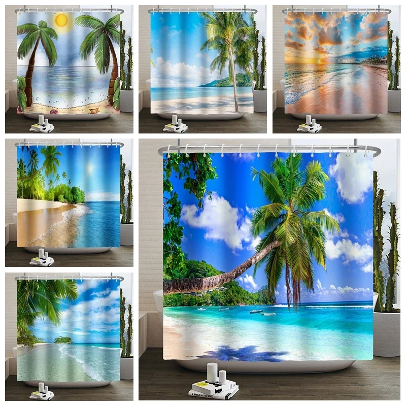 Summer Seaside Shower Curtains Ocean Beach View Coconut Trees Bath Curtain Polyester Fabric Bathroom Restroom Decor with Hooks