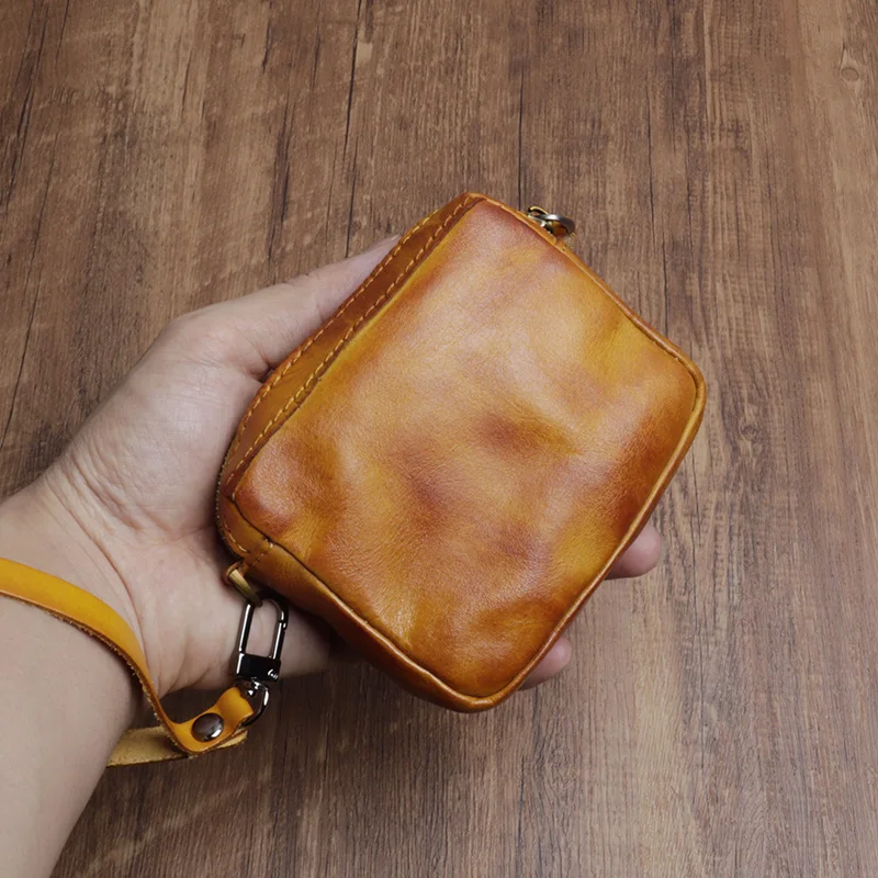 

Handmade Genuine Leather Women's Handbag Vegetable Tanned Cowhide Key Bag Zipper Small Card Bag Headphone Purse Storage Bag