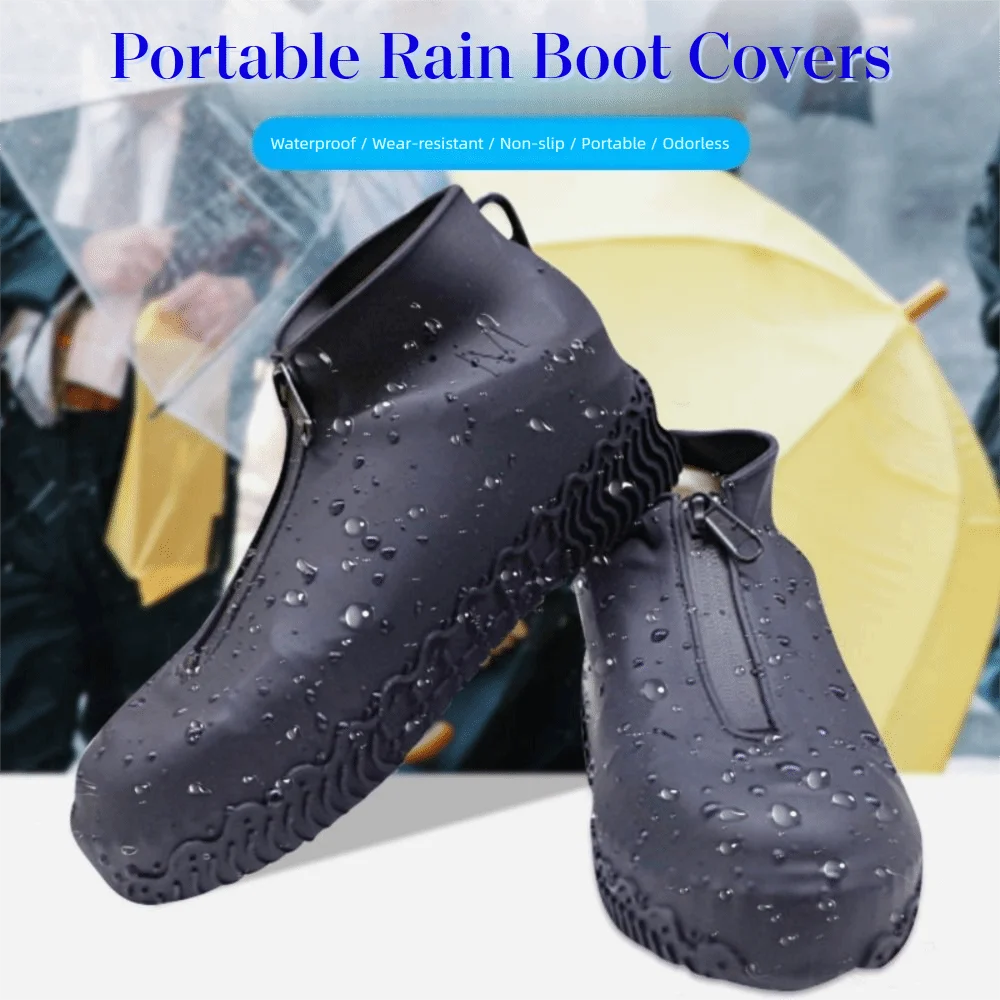 2Pcs Reusable Waterproof Shoe Cover Wear-resistant Portable Non-Slip Rain Boots Zipper Elastic Silicone Shoes Protective Cover