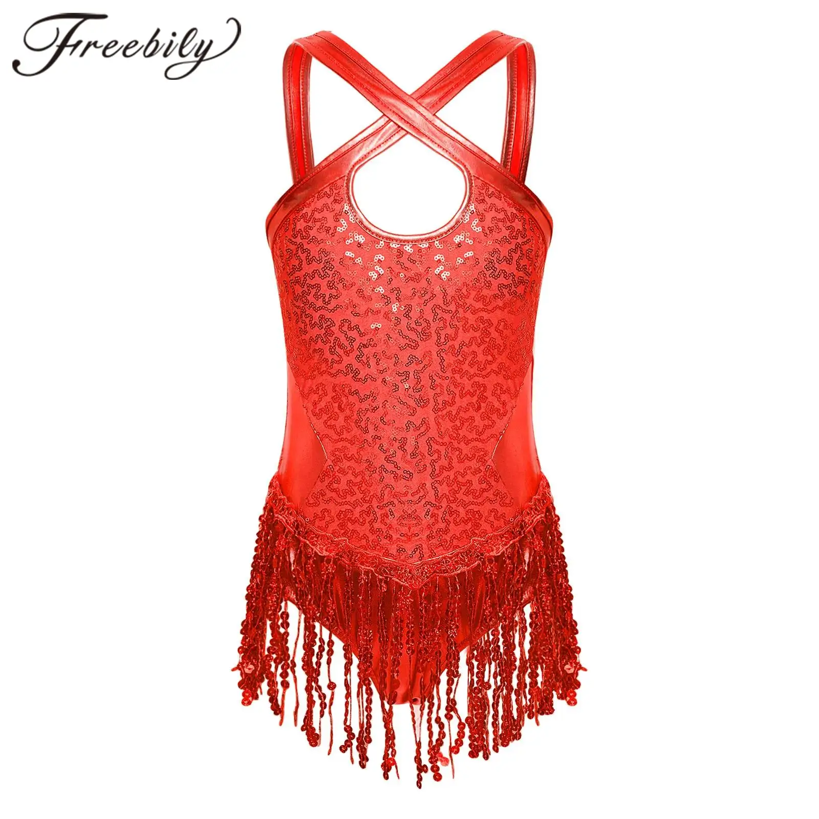 Kids Girls Latin Dance Leotard Dress Metallic Shiny Sequins Fringed Tassel Bodysuit for Chacha Tango Rumba Ballroom Dancing