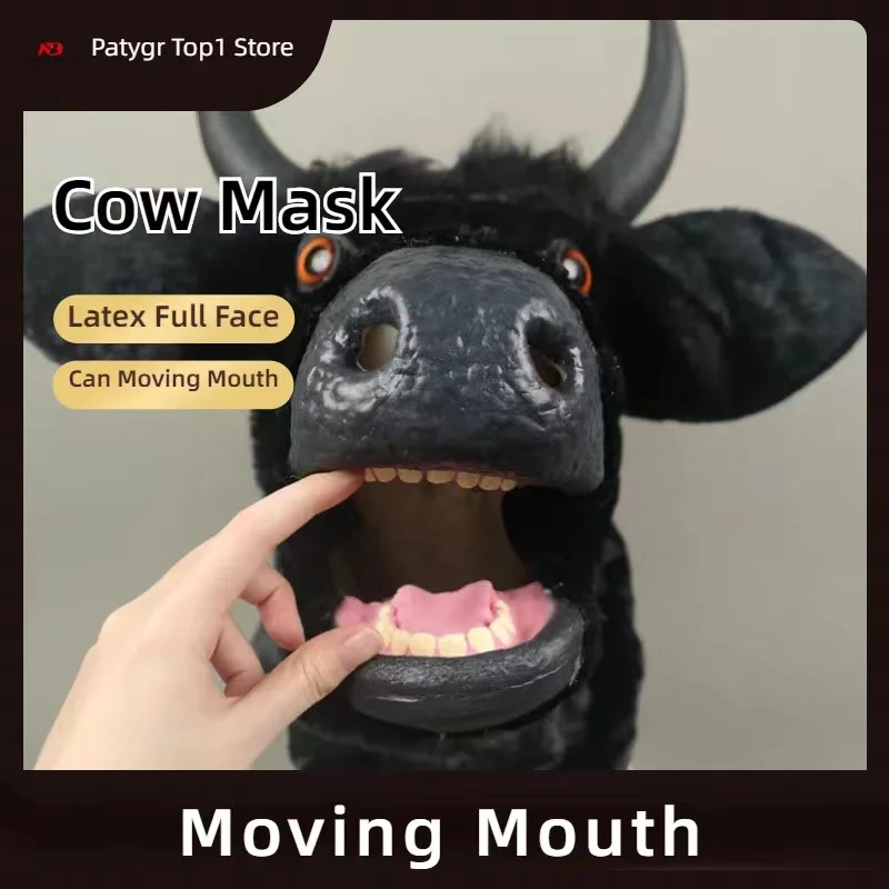 Funny Realistic Moving Mouth Horn Mask Creepy Moving Bull Animal Head Latex Open Cow Mask Masque Halloween Party Cosplay Costume