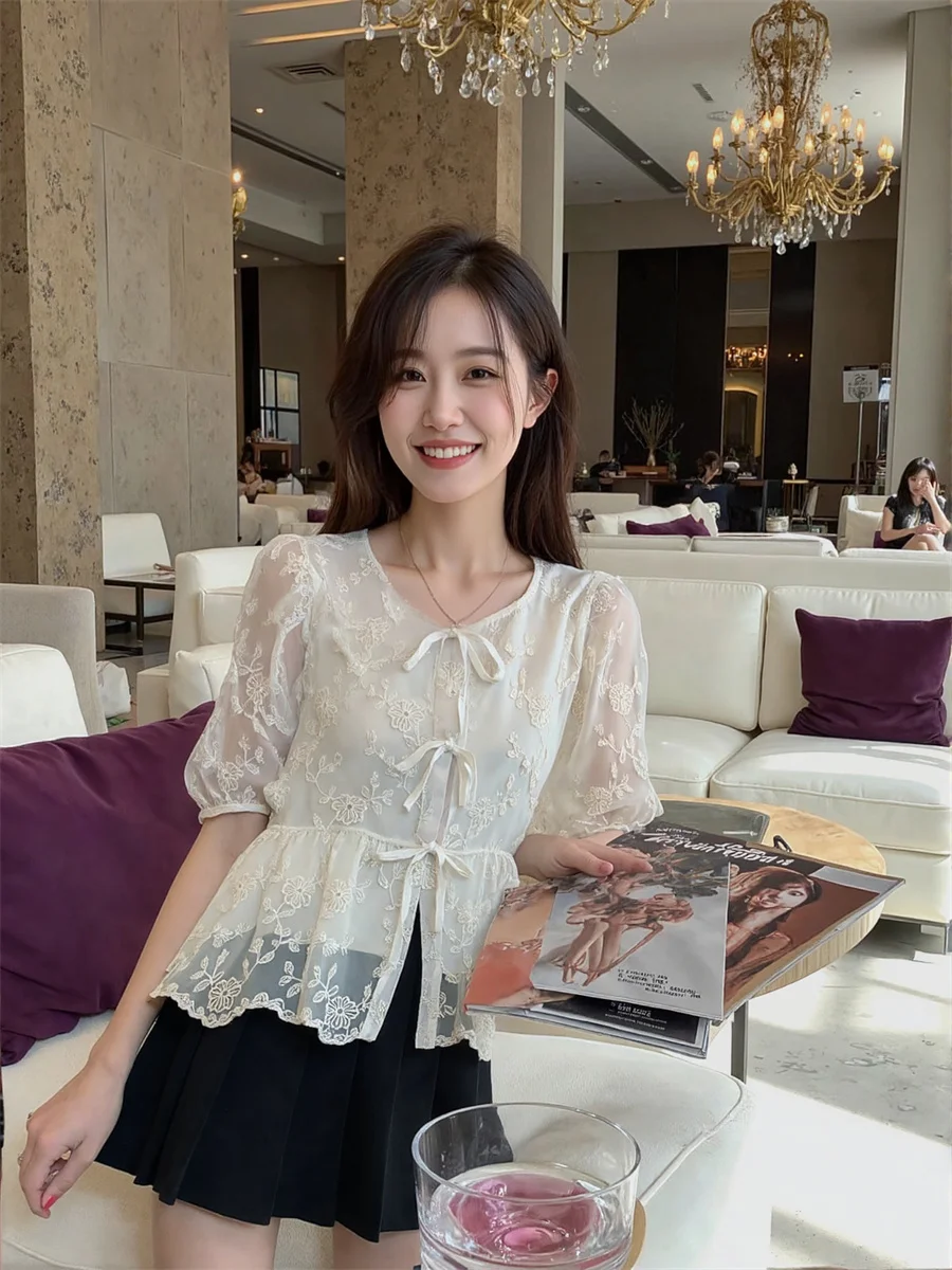O-Neck Puff Sleeve Shirts Woman Aesthetic Blouses Women Top Autumn Abdominal Glitter Feelings V Shape Strength Slim Fiitting Ins