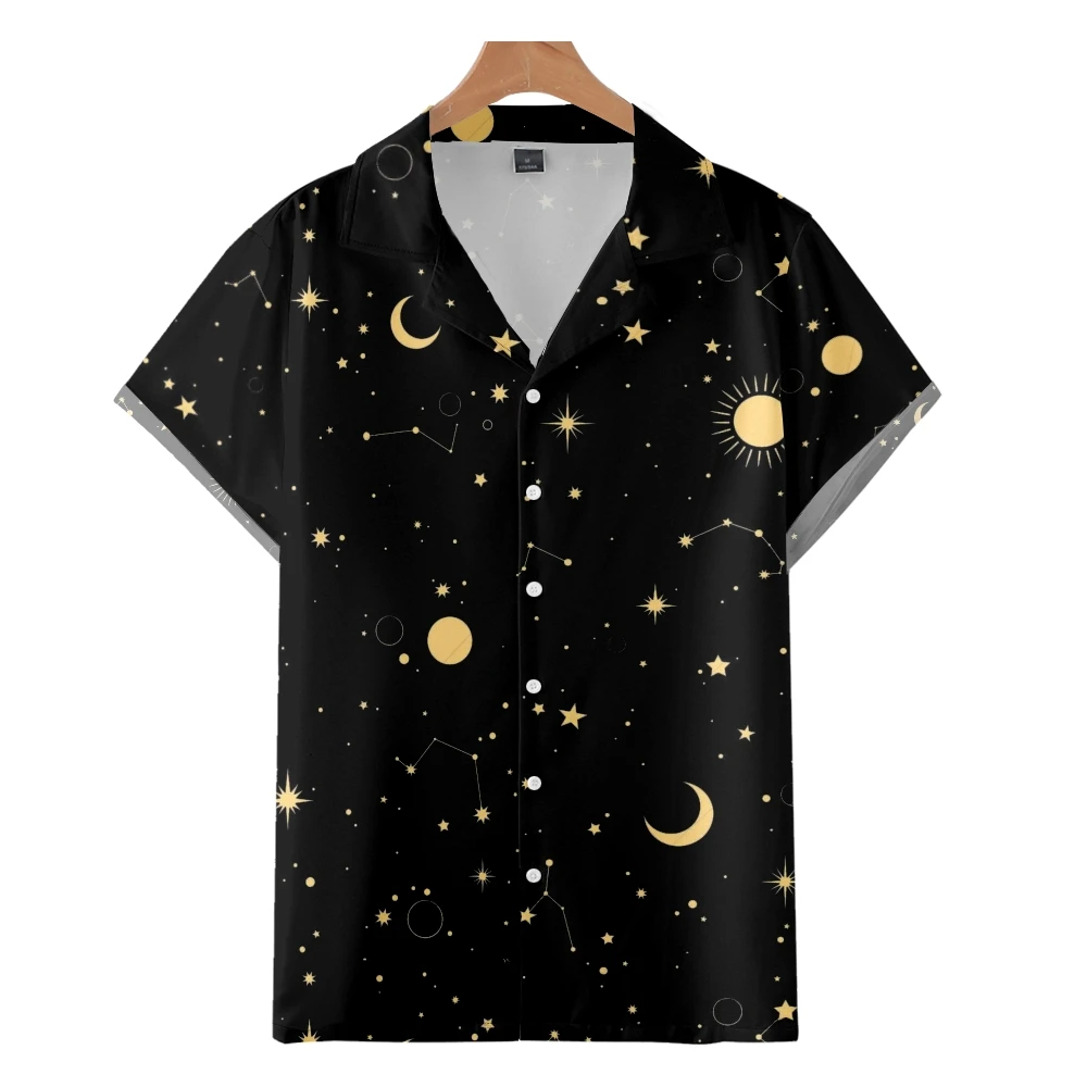 

Men's Fashion Cuban Hawaiian Moon Star Pattern Panels Shirt 3D Print Cozy Casual Short Sleeve Beach Oversized Clothes 4