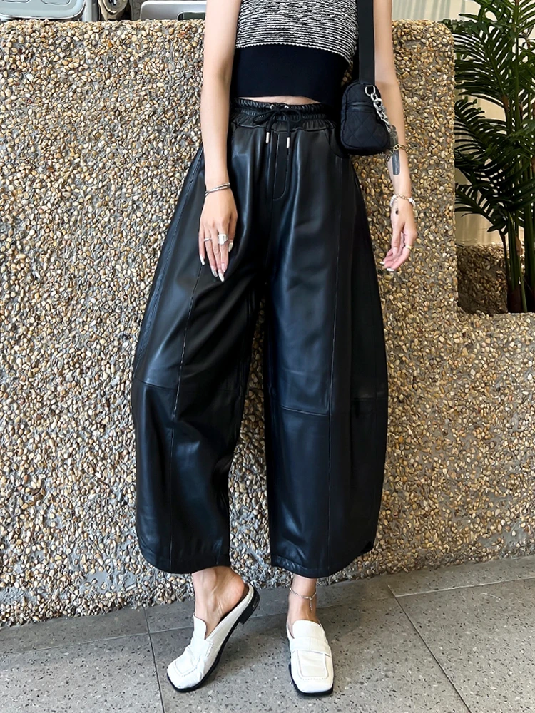 Women Baggy Drop Crotch Harem Pants Elastic Waist Loose Fit Sheepskin Genuine Leather Cross Pants Casual Ankle Length Trousers