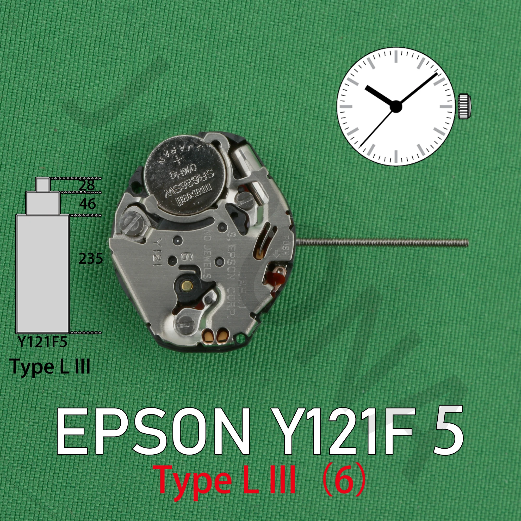 حركة ساعة كوارتز ، أنبوب أطول ، S.EPSON CORP NO JEWELS ، الرقم المكتوب لاحقًا هو 6 ، Y121F5