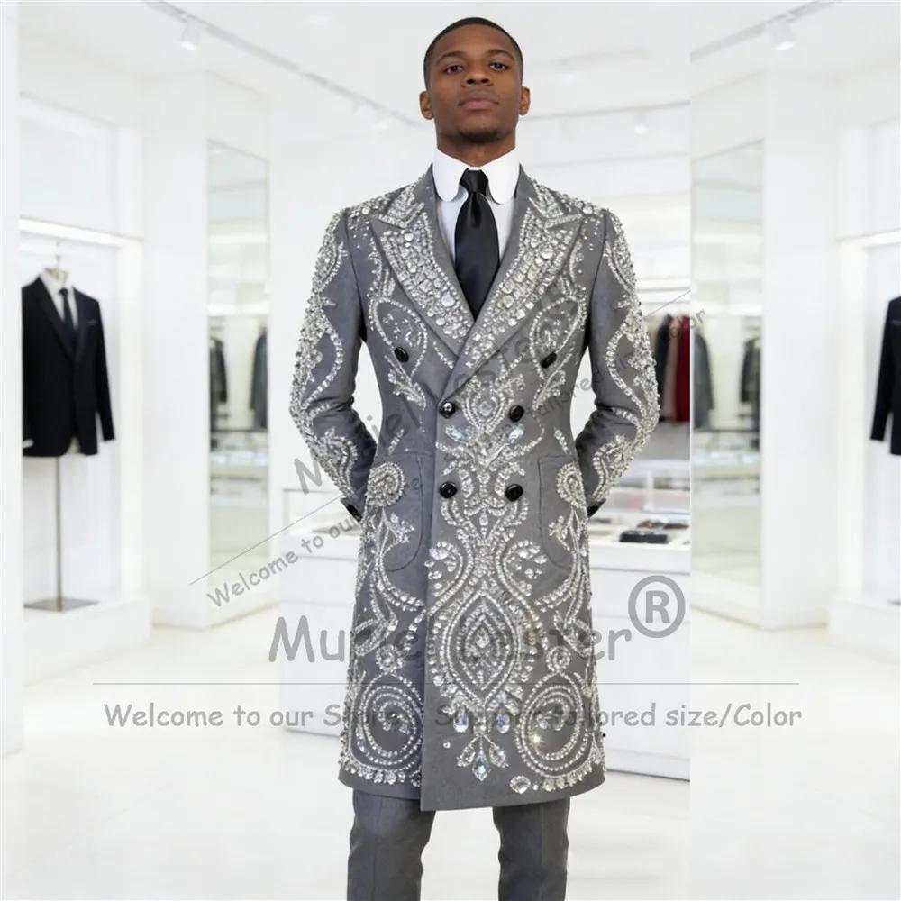 

Male Fashion Beaded Stones Suit Attire For Wedding Long Jacket Pants 2 Piece Customized Groom Banquet Outfits Slim Men's Tuxedos