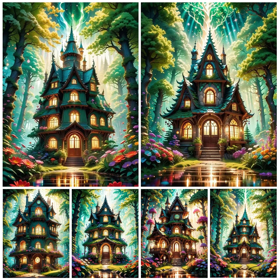 Diamond Painting Fantasy Forest Full Rhinestone Drill Mosaic Embroidery Mushroom House Scenery Picture Cross Stitch Kits