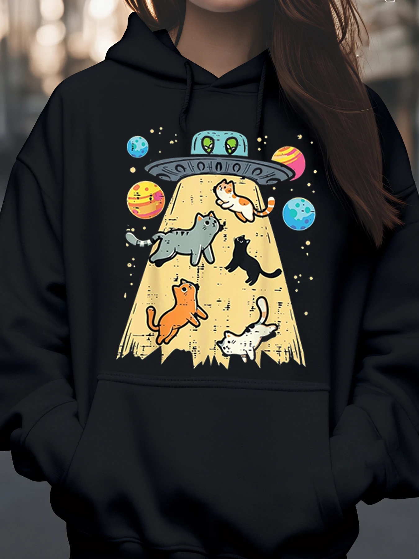 

Толстовка с принтом Alien Cats Ufo, повседневная одежда на Хэллоуин для женщин