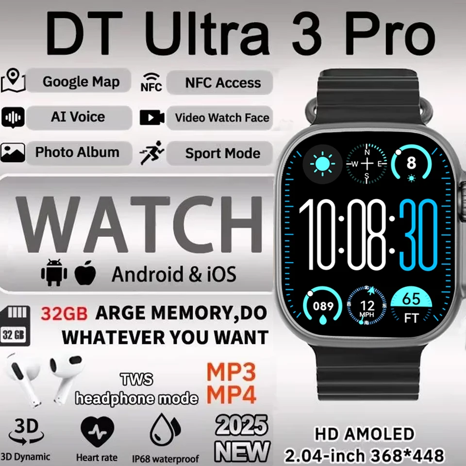 

2025 Original DT ULTRA 3 Smartwatch AMOLED 32G ROM AI Chat Robot Bluetooth Network Call Clock NFC Compass Smart Watch Men Gifts