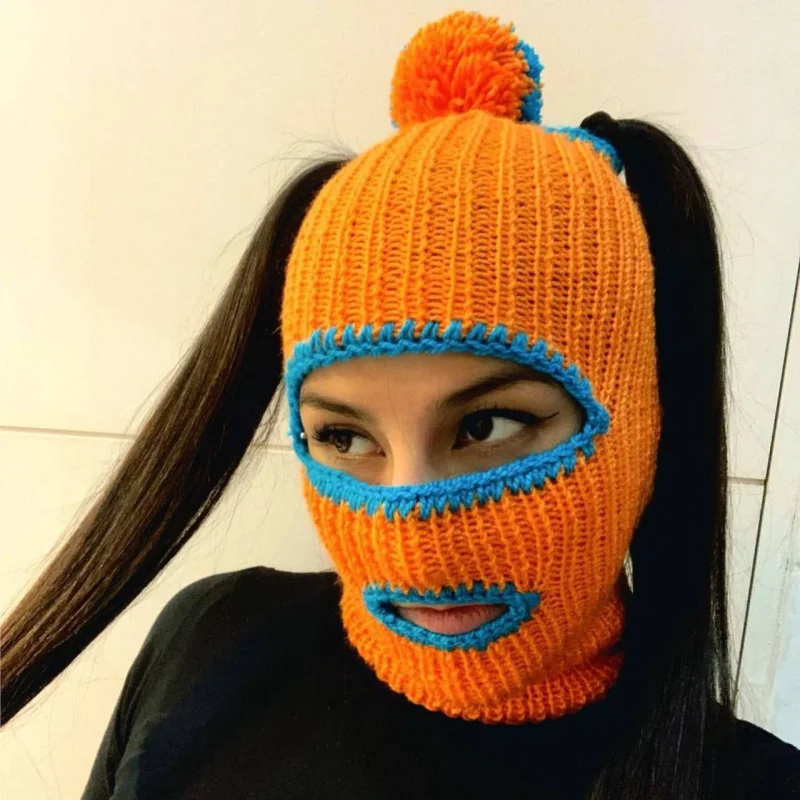 Warm Winter Caps Knit Beanie Hat Pranky  Decor Balaclava Knitted Caps Full Face Ski Masks Soft Headwear for Women