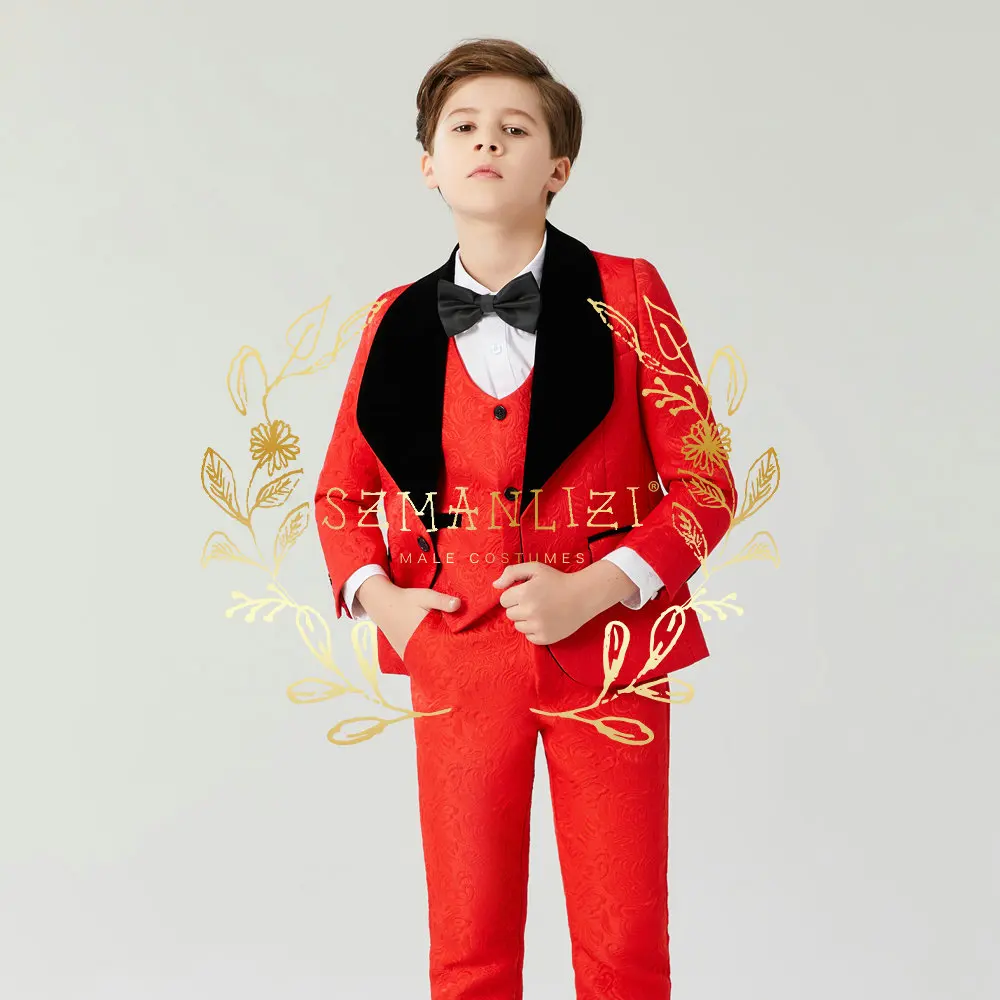 Jacquard Suit For Boys Red Jacket Pants Vest Wedding Tuxedo 3 Piece Kids Blazer Set Party Shawl Collar Clothes 블레이저 Boys Suit