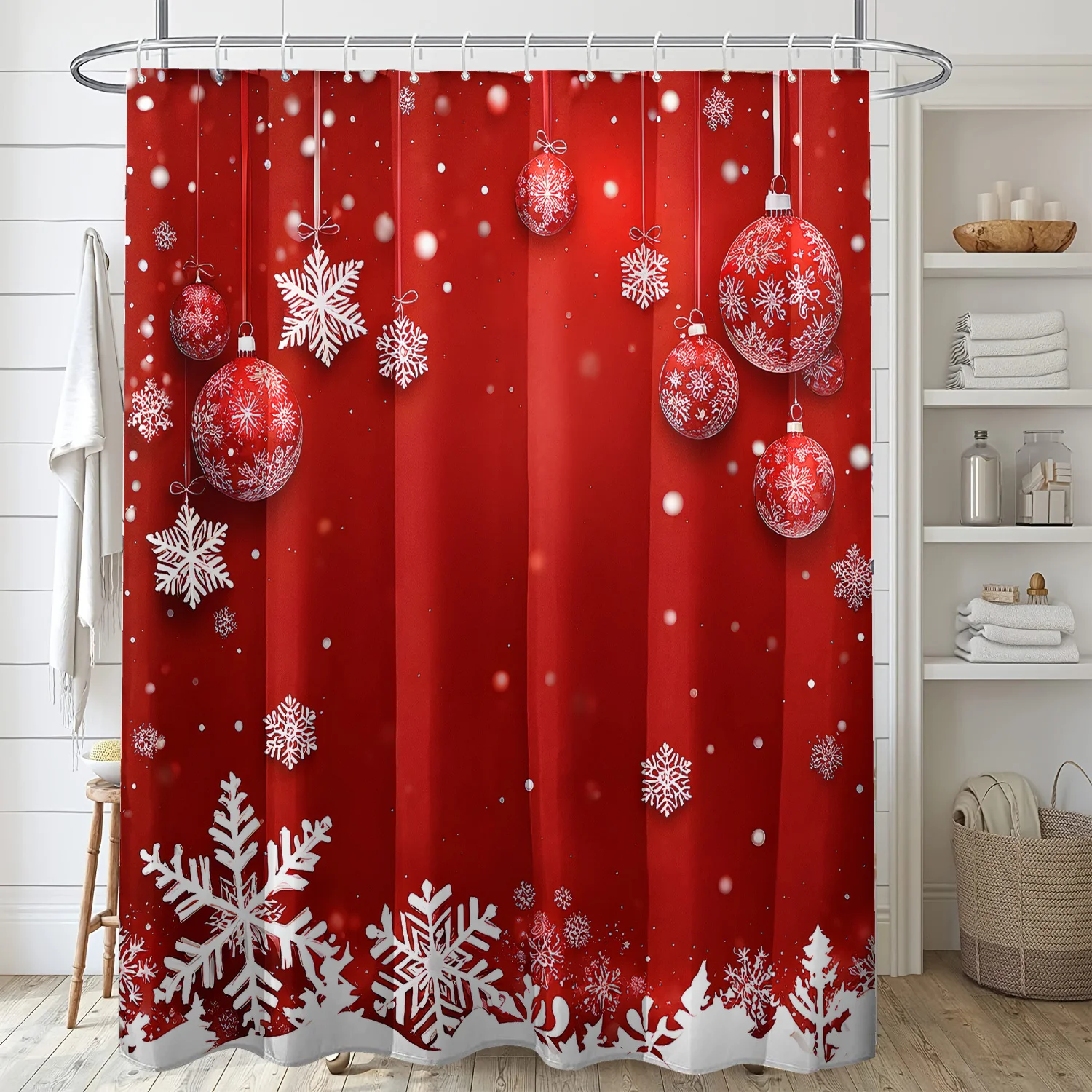 

Рождественский красный фон снежинка с принтом шара занавеска для душа, высококачественная полиэфирная ткань с крючками