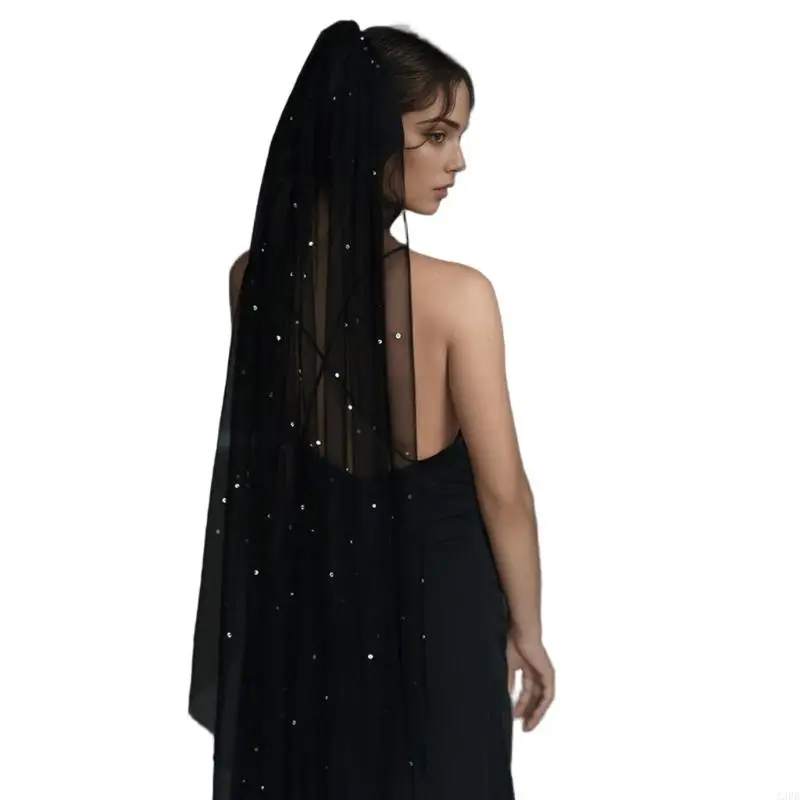 A3PB Unique Black Wedding Veil with Sparkling Rhinestones Fashion Headwear Headpieces For Brides Seeking Individuality