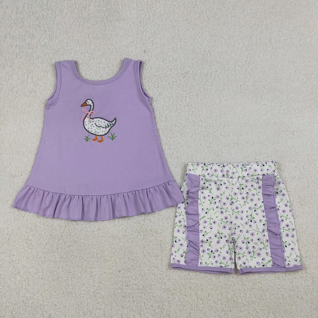 Wholesale Kids Baby Girl Embroidery Goose Bows Clothes Toddler Children Set Girls Purple Tunic Flower Shorts Summer Outfit