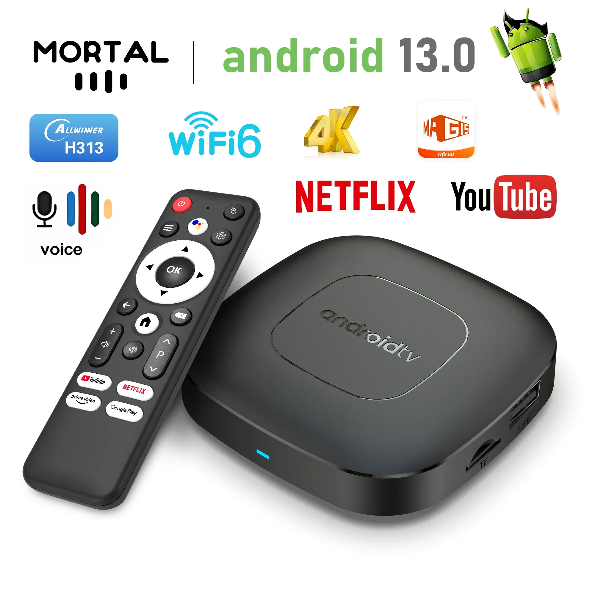 LVMAO T1 Smart TV Box Android 13 BT Voice NETFLIX H313 Dual Wifi 6 4K BT5 Google Chromecast Youtube Streaming Player Set Top Box