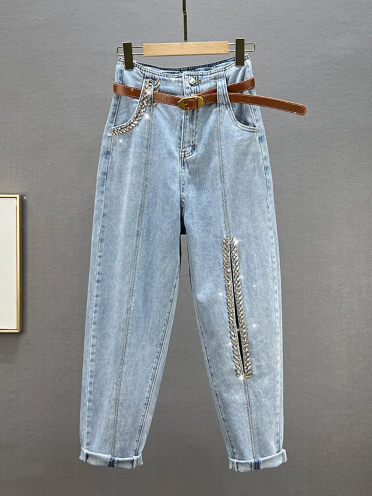 

High Waist Loose Fit Slimming Dad Jeans Women's Spring 2026 New Style Harlan Denim Embellished with Diamonds European Style