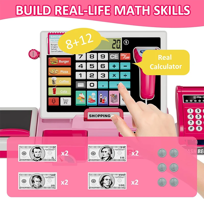 Shopping Cash Register Playset with Real Calculator, Pretend Play Store, Learning Toy, Christmas/Halloween/New Year Gift