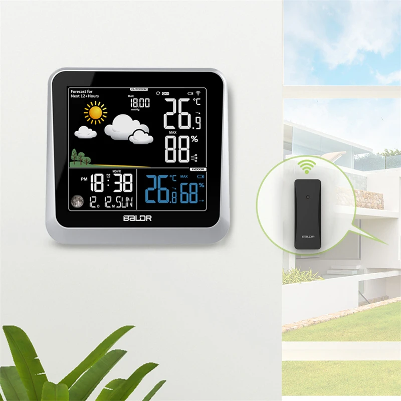 Smart Weather Station Color LCD Wireless In/Outdoor Thermometer Hygrometer Monitor Moon Phase Forecast TrendSensor Wall Clock