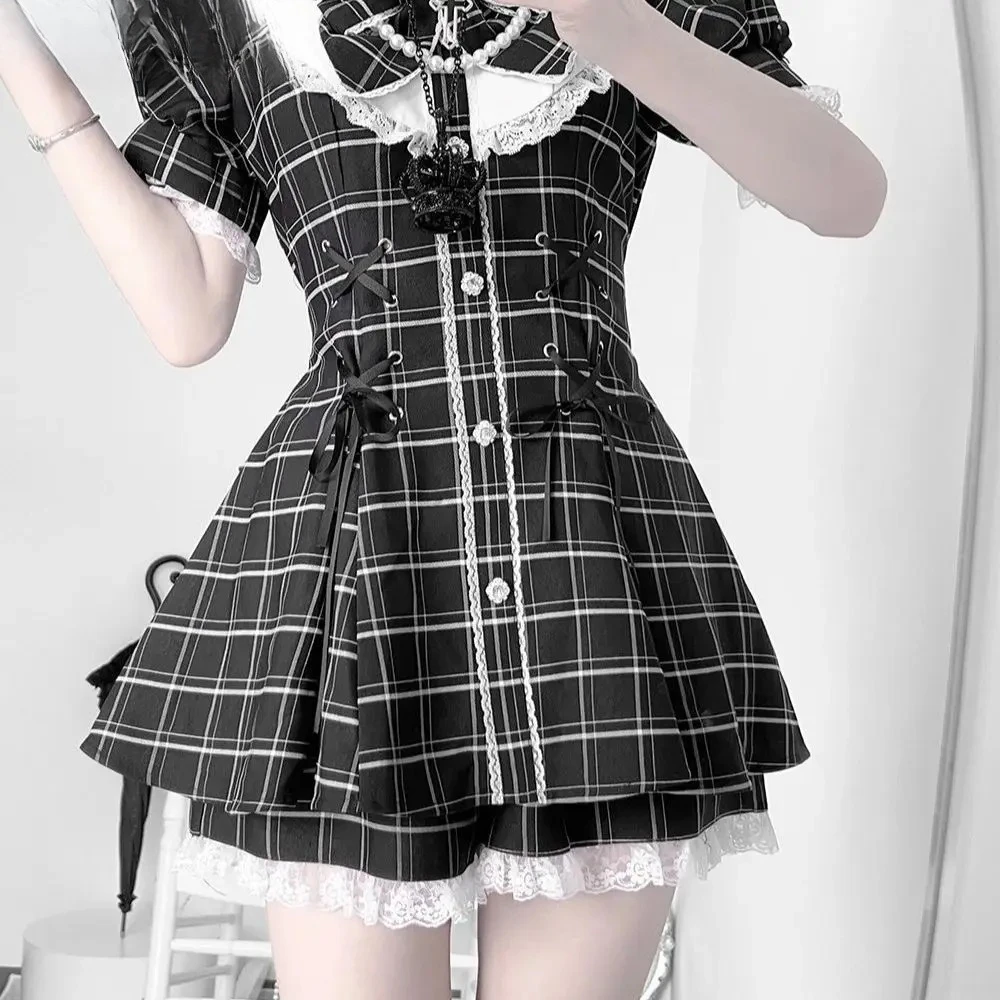 หวานสาววิทยาลัย Mine ผอมแขนสั้น Slim High เอวใหม่สีเทาสีชมพูลายสก๊อตสีดําสีขาวชุดและกางเกงขาสั้นชุด
