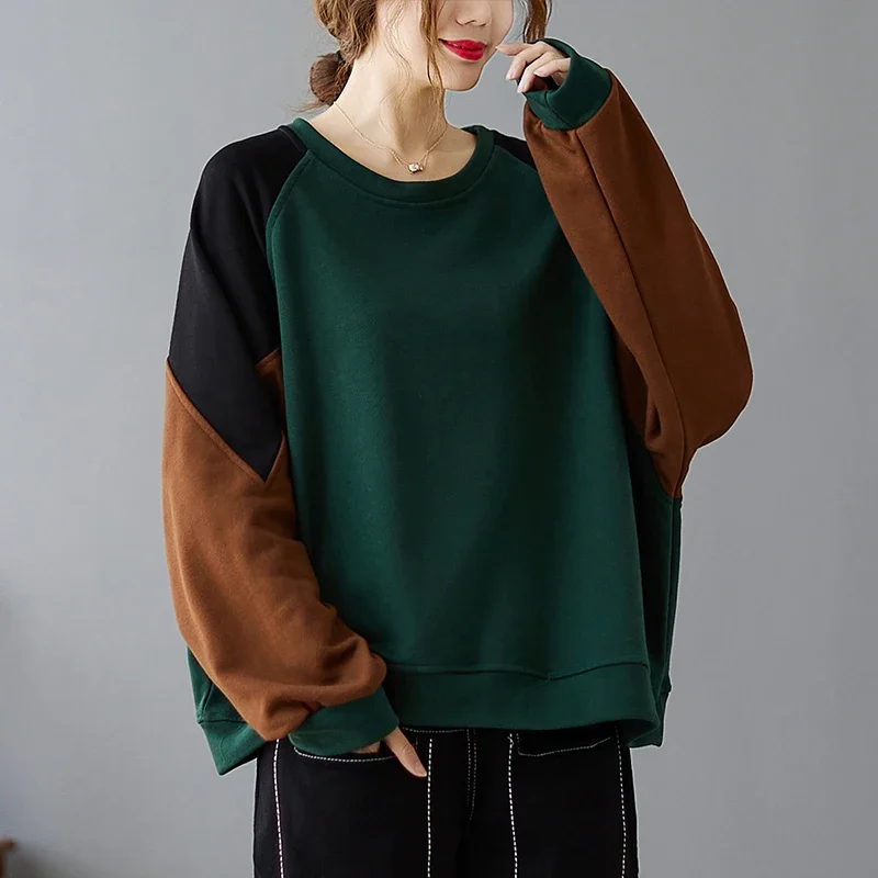 Women Sweatshirts Loose O-Neck Color Patchwork Sports Fashion Artys Casual All-Match Home Korean Style Cotton Female Pullovers