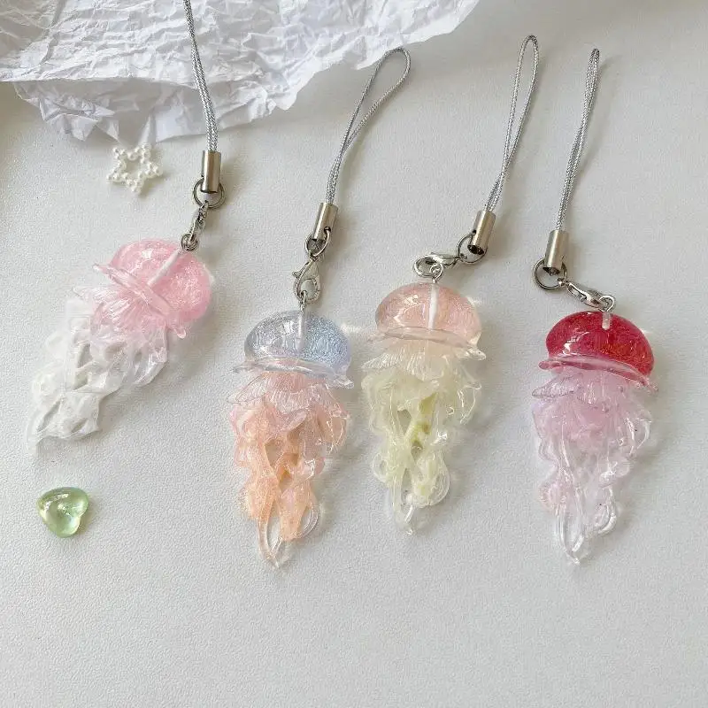 Jelly Color Jellyfish Charm Keychain Y2K Beaded Pendant Phone Chain Car Hanging Decoration Bag Pendants Ornament Gifts