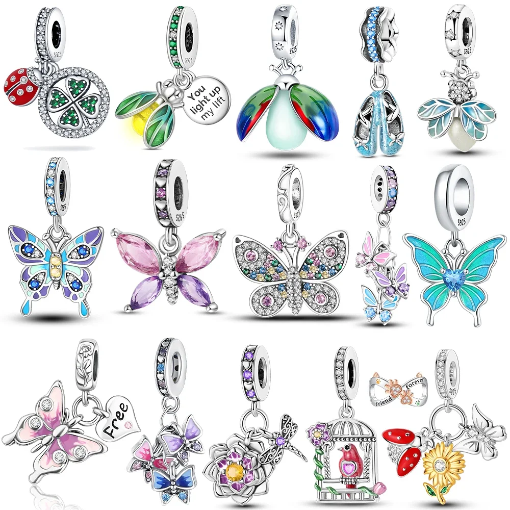 

Original 925 Silver Charms Purple Butterflies Sunflowers Blue-winged Insects Beads Fit Bracelet Women Diy Gift Accessories