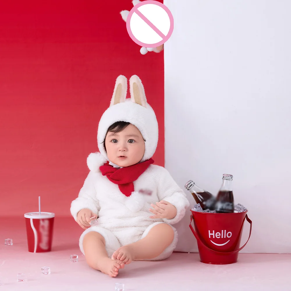 100 Days Baby Photography Outfit Red Scarf+bunny Ears Hat+fluffy Baby Romper Set Cute Rabbit Themed Photo Clothes for Studio Use